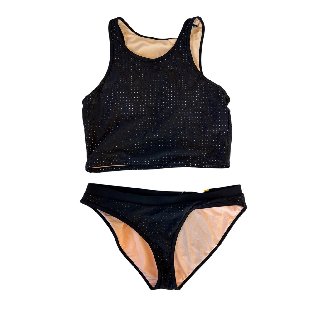 Fabletics Bikini Set Black Womens Large Laser Cut High Neck Two Piece NEW